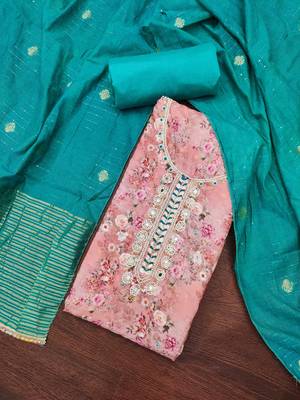 Women's pink banarasi cotton digital print & hand work unstitched dress material 1