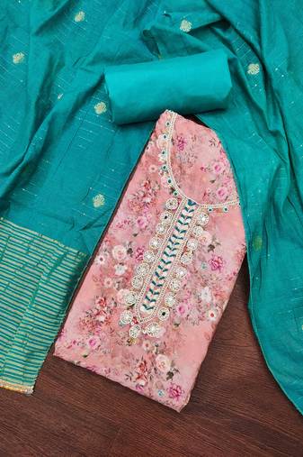 Women's pink banarasi cotton digital print & hand work unstitched dress material