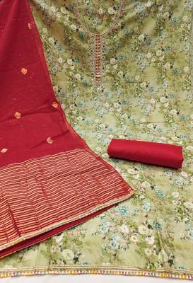 Women's olive banarasi cotton digital print & hand work unstitched dress material 3
