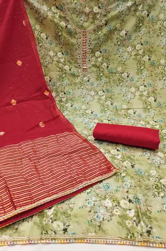 Women's olive banarasi cotton digital print & hand work unstitched dress material