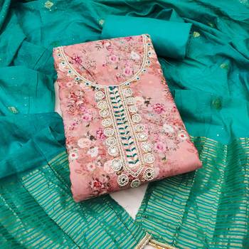 Women's pink banarasi cotton digital print & hand work unstitched dress material 2