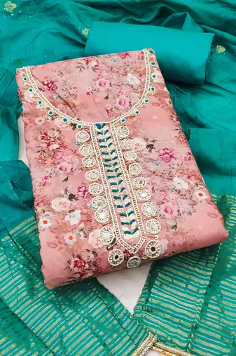 Women's pink banarasi cotton digital print & hand work unstitched dress material