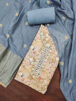 Women's beige banarasi cotton digital print & hand work unstitched dress material 1