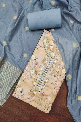 Women's beige banarasi cotton digital print & hand work unstitched dress material