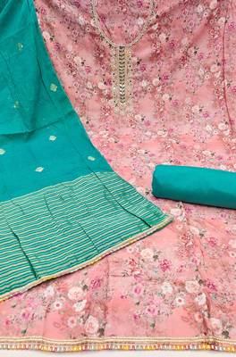 Women's pink banarasi cotton digital print & hand work unstitched dress material 3
