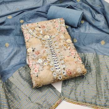 Women's beige banarasi cotton digital print & hand work unstitched dress material 2
