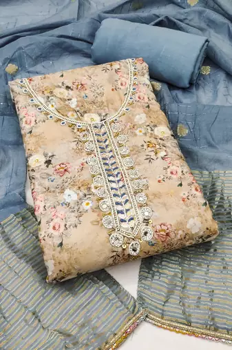 Women's beige banarasi cotton digital print & hand work unstitched dress material