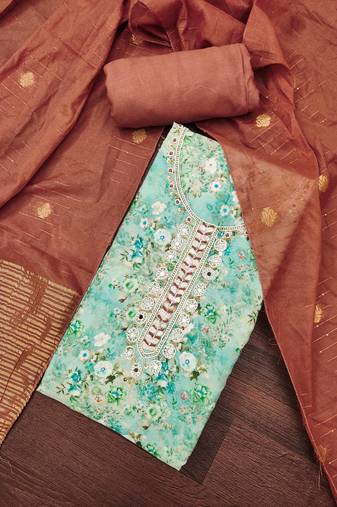Women's sky blue banarasi cotton digital print & hand work unstitched dress material