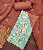 Women's sky blue banarasi cotton digital print & hand work unstitched dress material