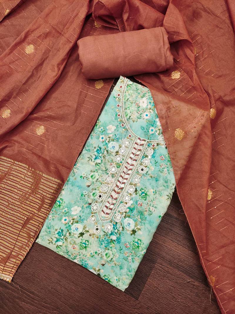 Women's sky blue banarasi cotton digital print & hand work unstitched dress material
