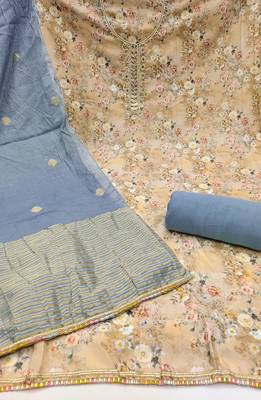 Women's beige banarasi cotton digital print & hand work unstitched dress material 3