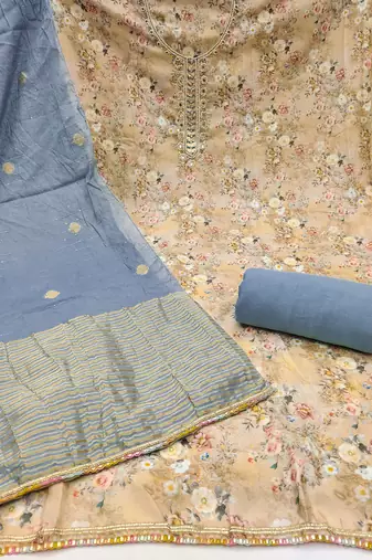 Women's beige banarasi cotton digital print & hand work unstitched dress material