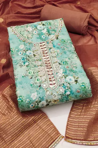 Women's sky blue banarasi cotton digital print & hand work unstitched dress material