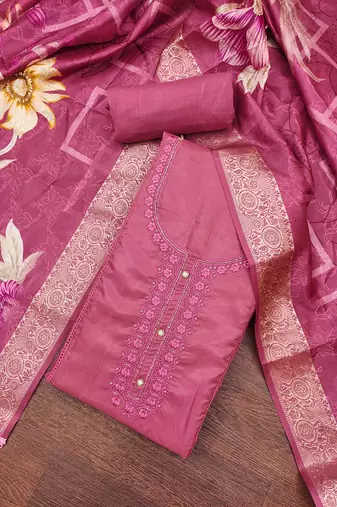 Women's wine organza embroidered handwork unstitched dress material