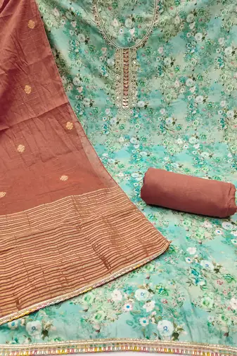 Women's sky blue banarasi cotton digital print & hand work unstitched dress material