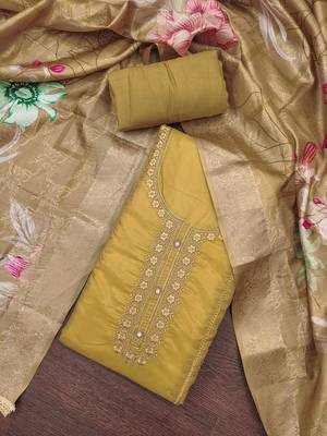 Women's mustard organza embroidered handwork unstitched dress material 1