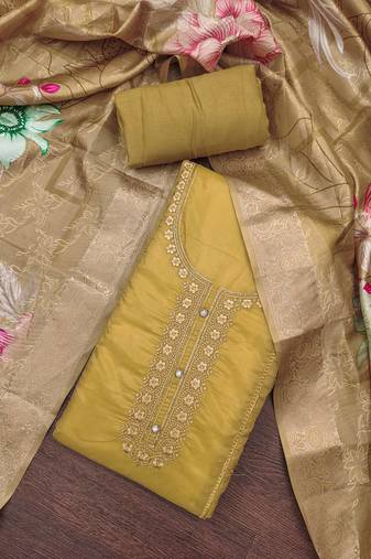 Women's mustard organza embroidered handwork unstitched dress material