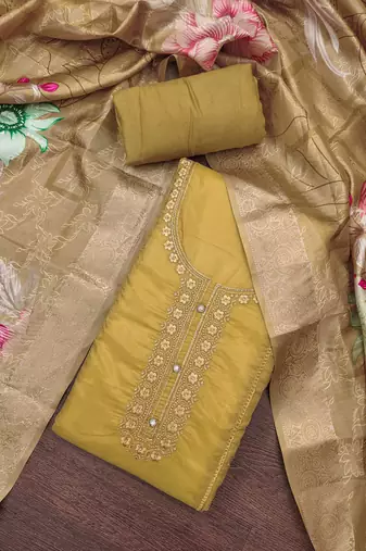 Women's mustard organza embroidered handwork unstitched dress material