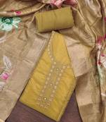Women's mustard organza embroidered handwork unstitched dress material