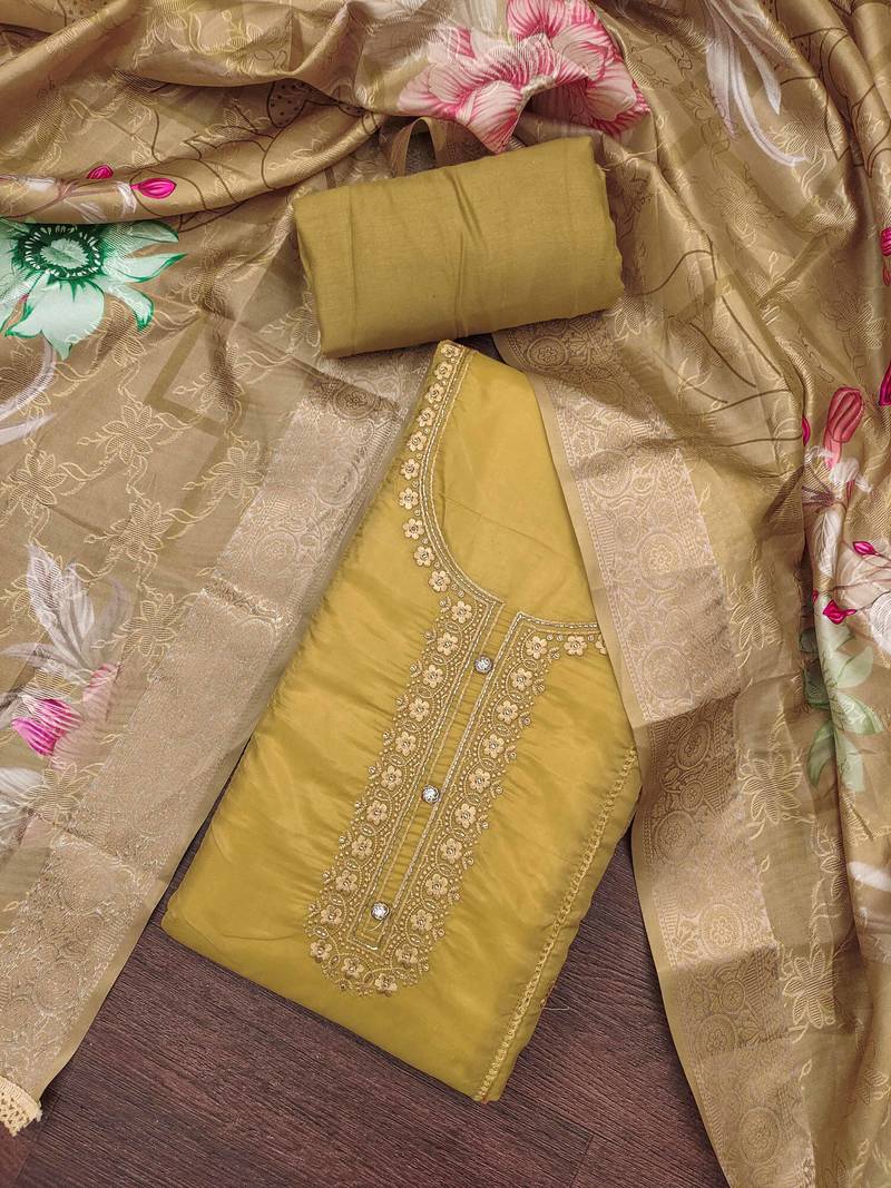 Women's mustard organza embroidered handwork unstitched dress material