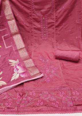 Women's wine organza embroidered handwork unstitched dress material 3
