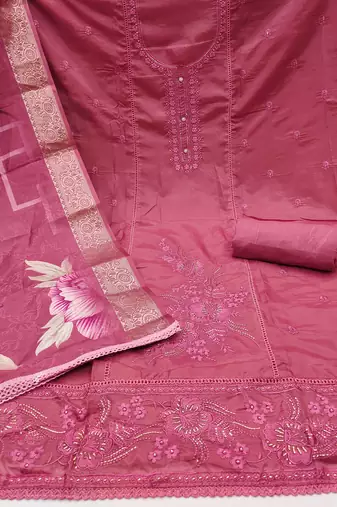 Women's wine organza embroidered handwork unstitched dress material