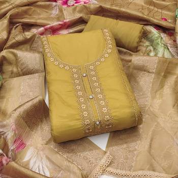 Women's mustard organza embroidered handwork unstitched dress material 2