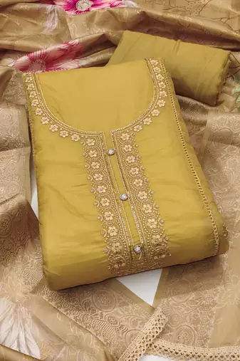 Women's mustard organza embroidered handwork unstitched dress material