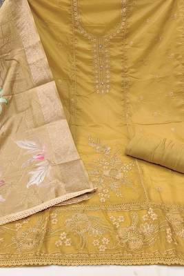 Women's mustard organza embroidered handwork unstitched dress material 3