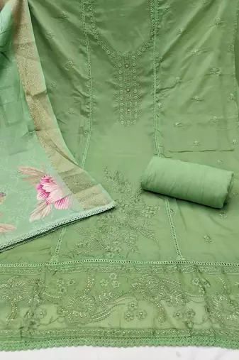 Women's pista organza embroidered handwork unstitched dress material