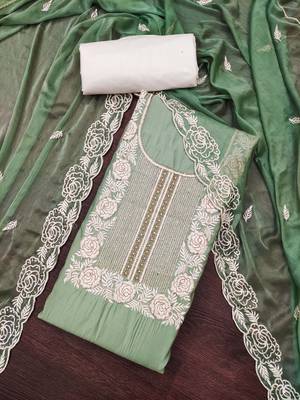 Women's pista premium roman cotton embroidered handwork unstitched dress material 1