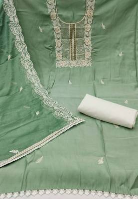 Women's pista premium roman cotton embroidered handwork unstitched dress material 3