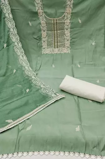 Women's pista premium roman cotton embroidered handwork unstitched dress material