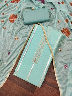 Women's sky blue premium roman cotton embroidered unstitched dress material 1