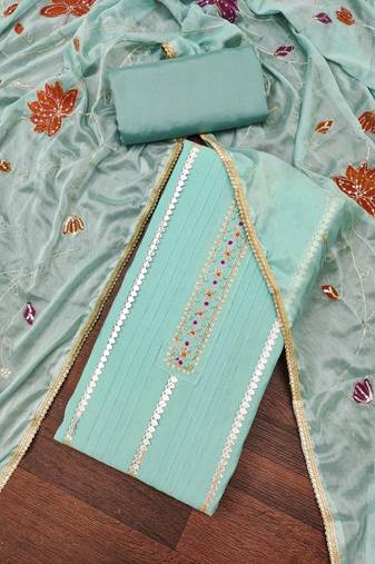 Women's sky blue premium roman cotton embroidered unstitched dress material
