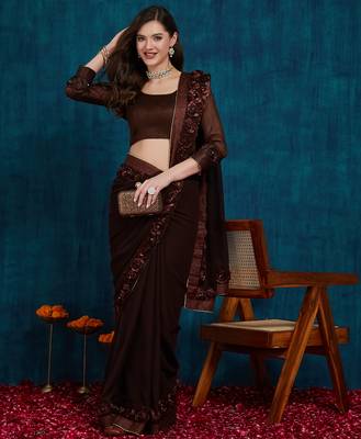 brown designer ribbon work georgette saree with blouse 1