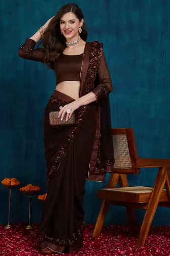 brown designer ribbon work georgette saree with blouse