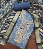 Women's blue banarasi cotton digital print & hand work unstitched dress material