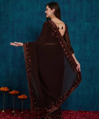 brown designer ribbon work georgette saree with blouse 2