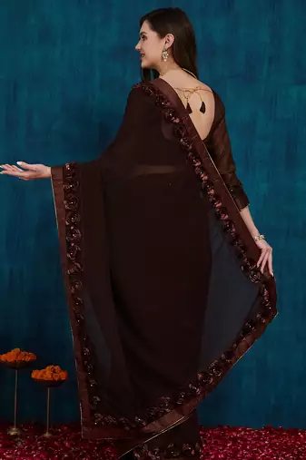 brown designer ribbon work georgette saree with blouse