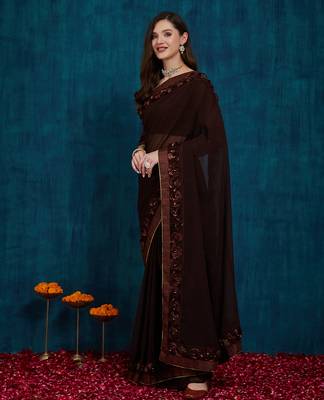 brown designer ribbon work georgette saree with blouse 3