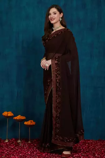 brown designer ribbon work georgette saree with blouse