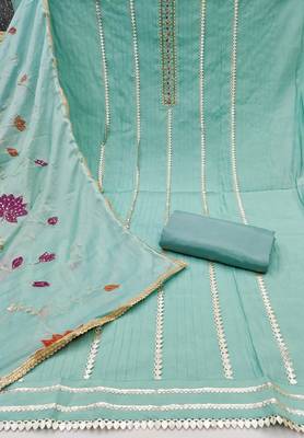 Women's sky blue premium roman cotton embroidered unstitched dress material 3