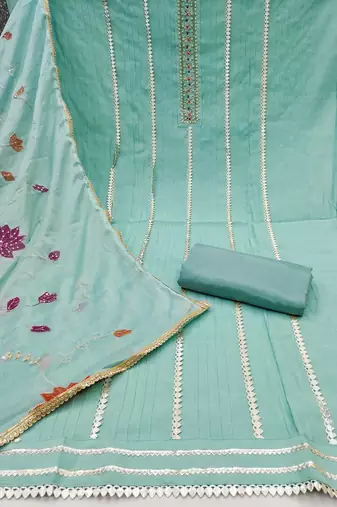 Women's sky blue premium roman cotton embroidered unstitched dress material