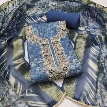 Women's blue banarasi cotton digital print & hand work unstitched dress material 2