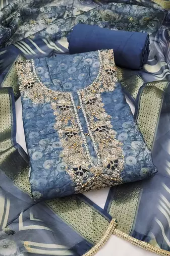 Women's blue banarasi cotton digital print & hand work unstitched dress material