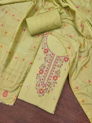 Women's pista jam cotton embroidered handwork unstitched dress material 1