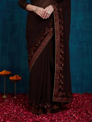 brown designer ribbon work georgette saree with blouse 4
