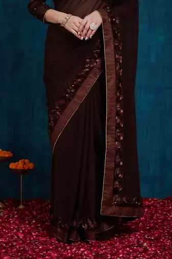 brown designer ribbon work georgette saree with blouse