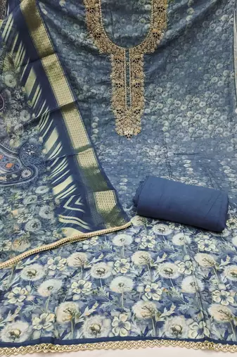Women's blue banarasi cotton digital print & hand work unstitched dress material